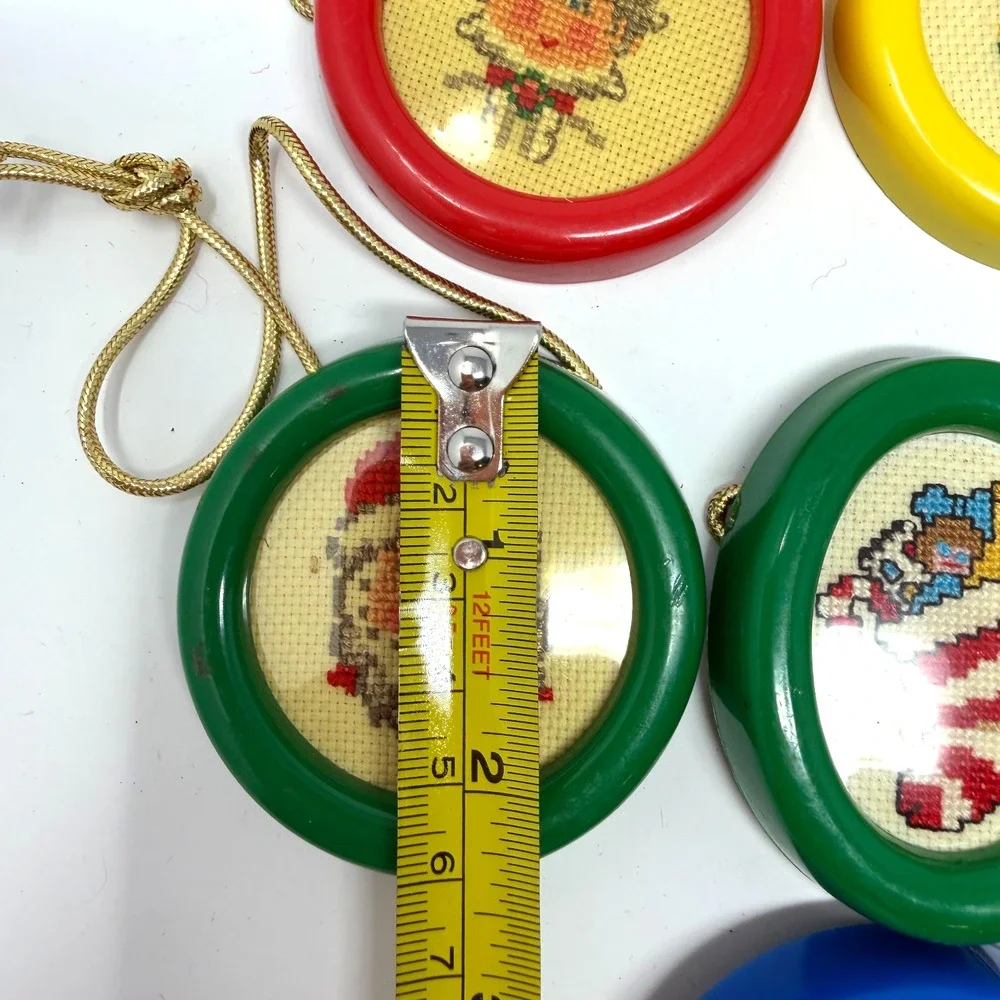 Lot of 6 Vintage Handmade Cross Stitch Christmas Ornaments Plastic Frames